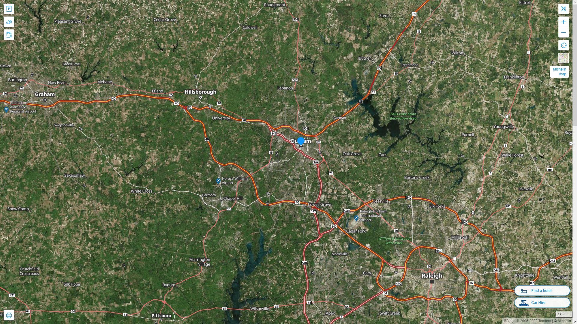 Durham North Carolina Highway and Road Map with Satellite View